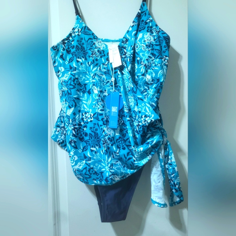 CUPSHE Womens One piece Swimsuit Tummy Control Blue Floral Tie side Bathing Suit